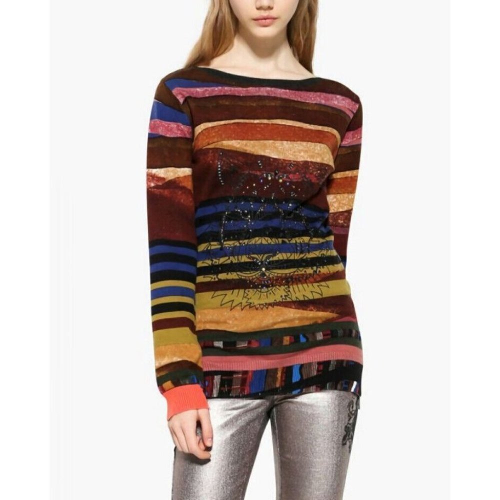 Desigual Multicolor Abstract Striped Rhinestone Tiger Lightweight Sweater size M
